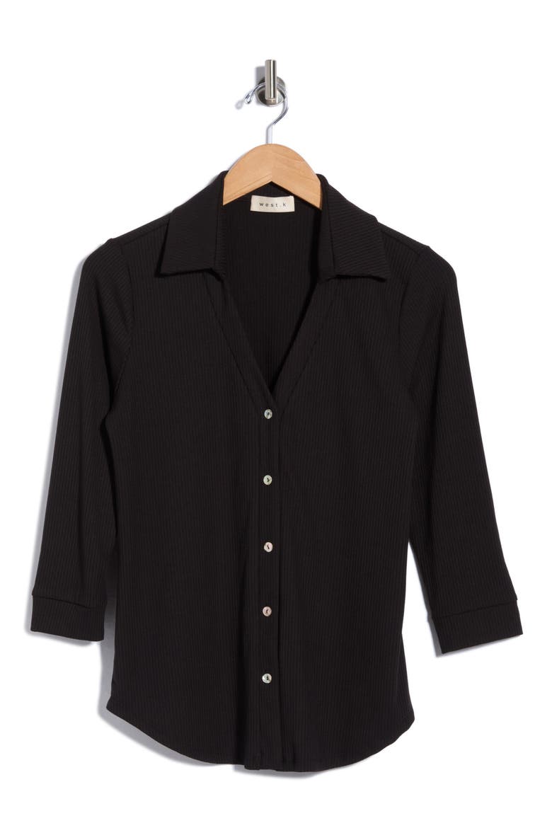 Ribbed Button Front Three Quarter Sleeve Top, Alternate, color, BLACK