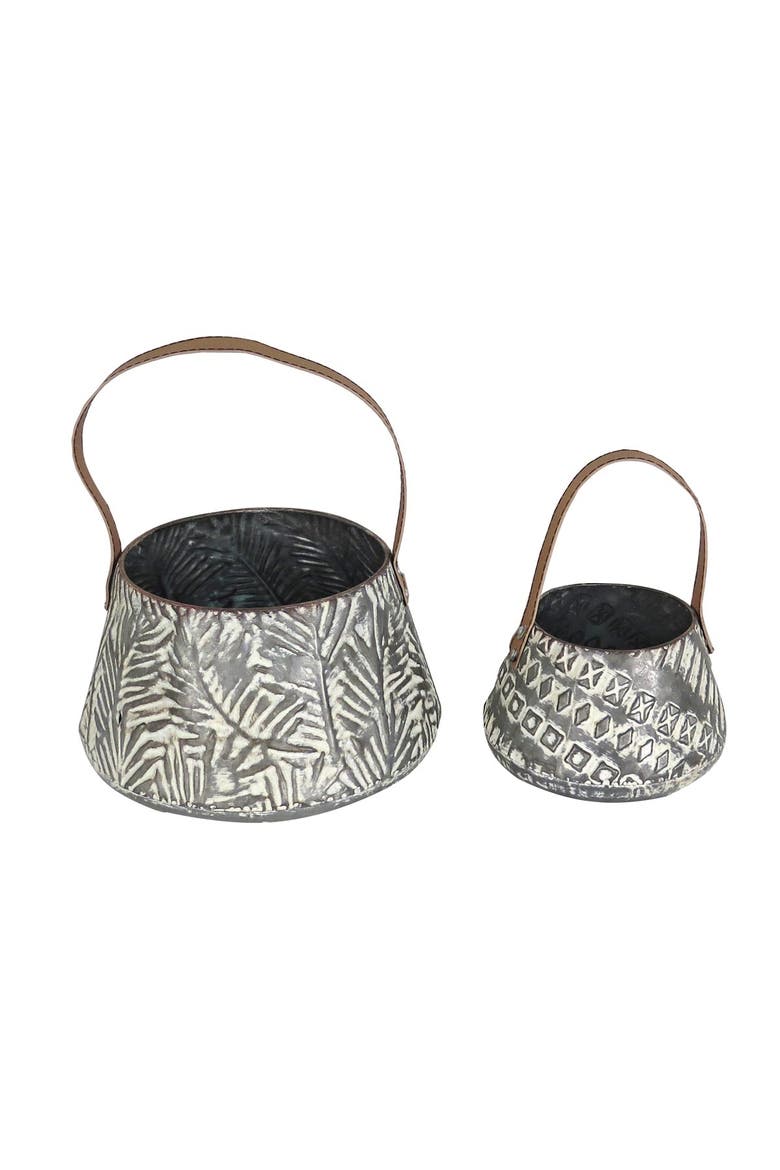 Set of 2 Rustic Whitewashed Pattern Galvanized Metal Decorative Storage Baskets, Main, color, Silver