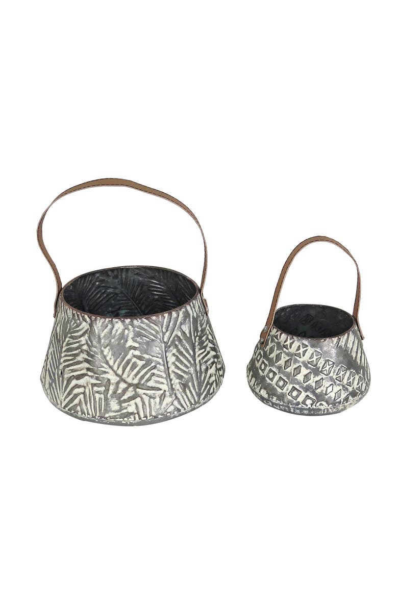 Foreside Home and Garden Set of 2 Rustic Whitewashed Pattern Galvanized Metal Decorative Storage Baskets, Main, color, Silver