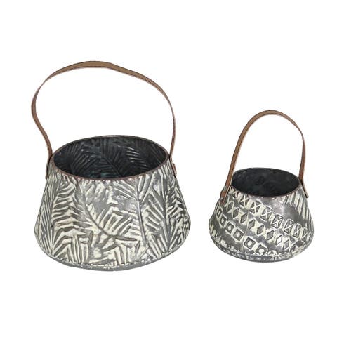 Set of 2 Rustic Whitewashed Pattern Galvanized Metal Decorative Storage Baskets