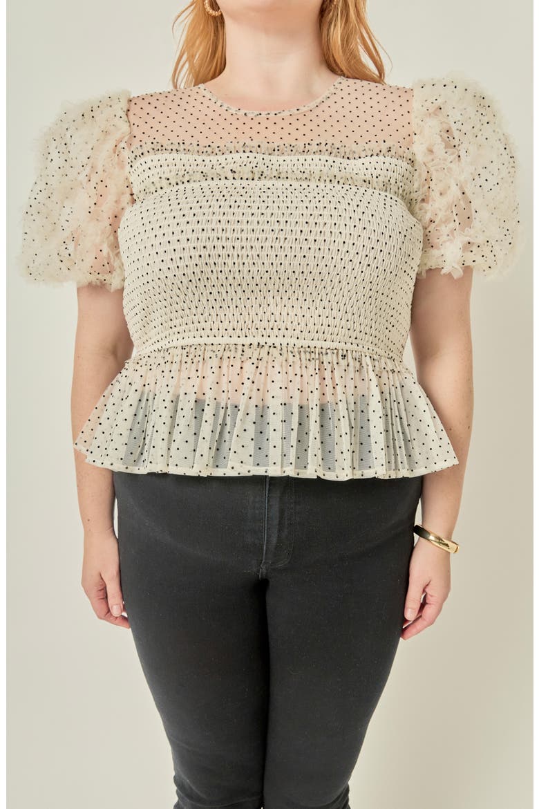 Polka Dot Smocked Puff Sleeve Top, Alternate, color, WHITE/ BLACK