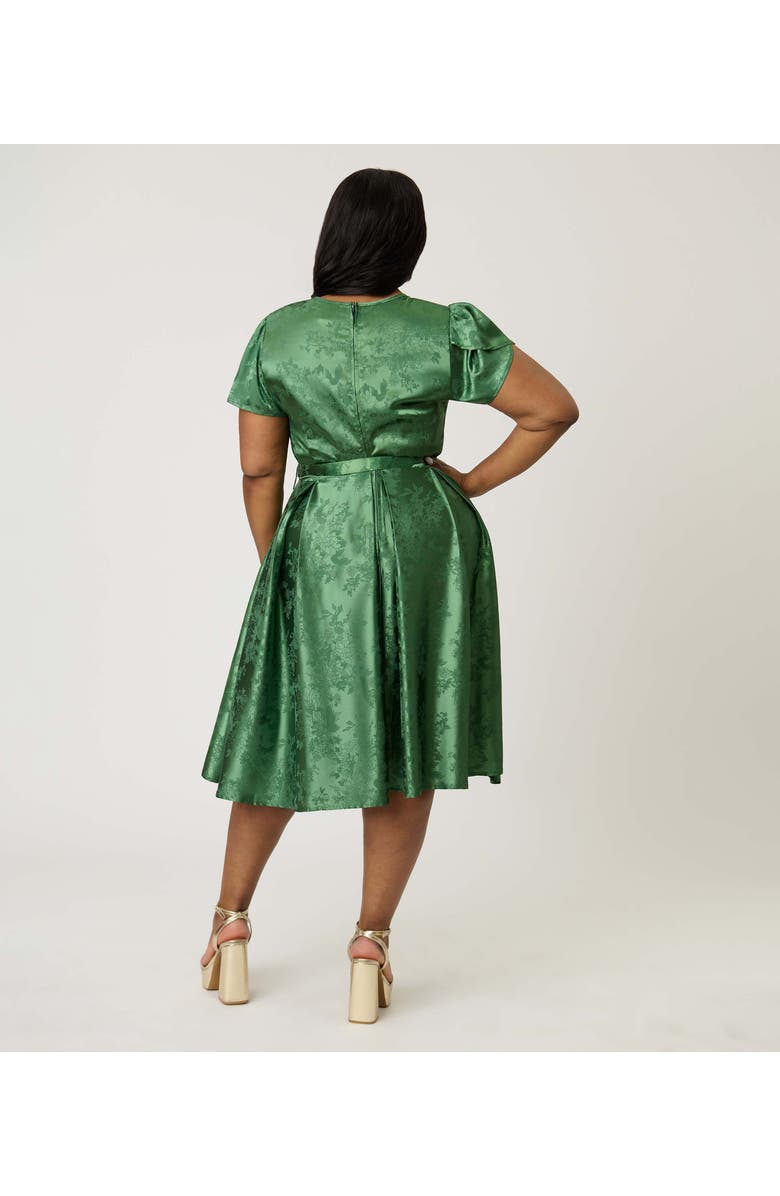 Unique Vintage Plus Size Short Petal Sleeve Tie Neck Dahlia Swing Dress, Alternate, color, Emerald