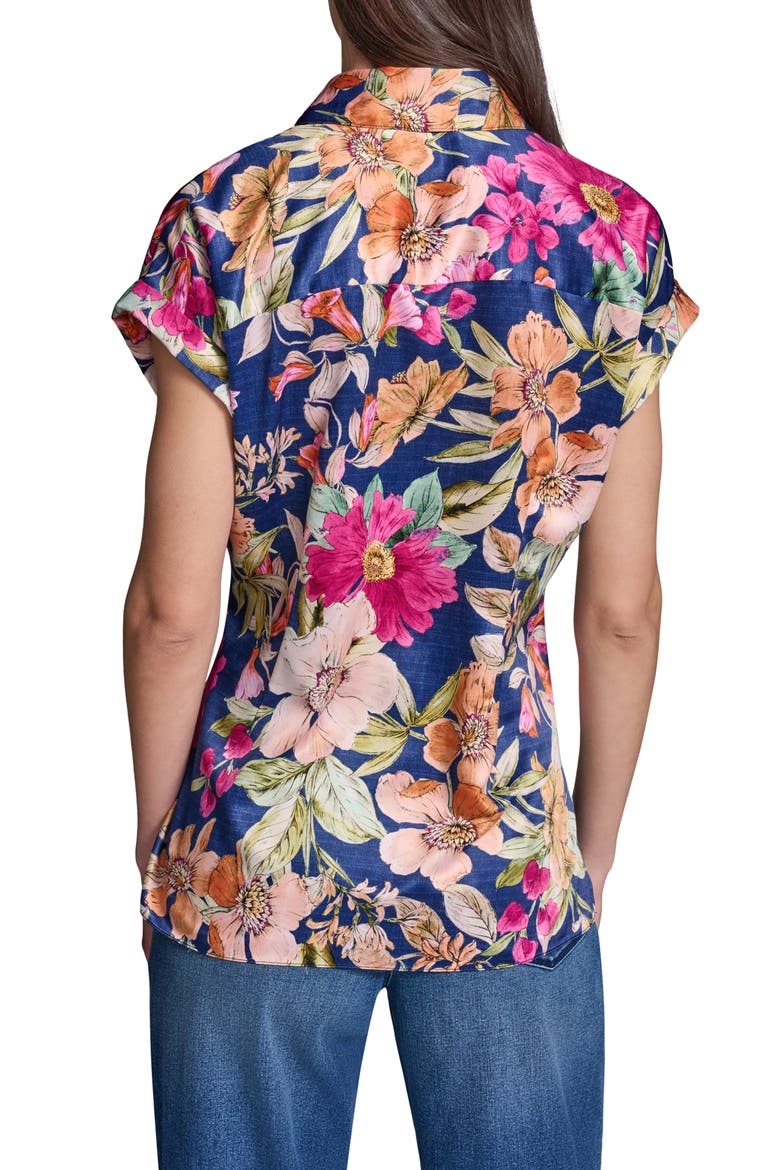 Side Tie Crêpe de Chine Button-Up Shirt, Alternate, color, CURRANT/ LIGHT BLUSH MULTI