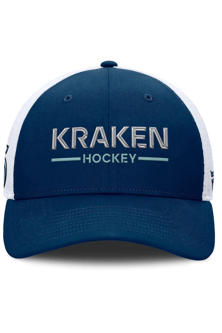 Men's Fanatics Deep Sea Blue/White Seattle Kraken Authentic Pro Rink Lockup Adjustable Trucker Hat, Alternate, color, Blue