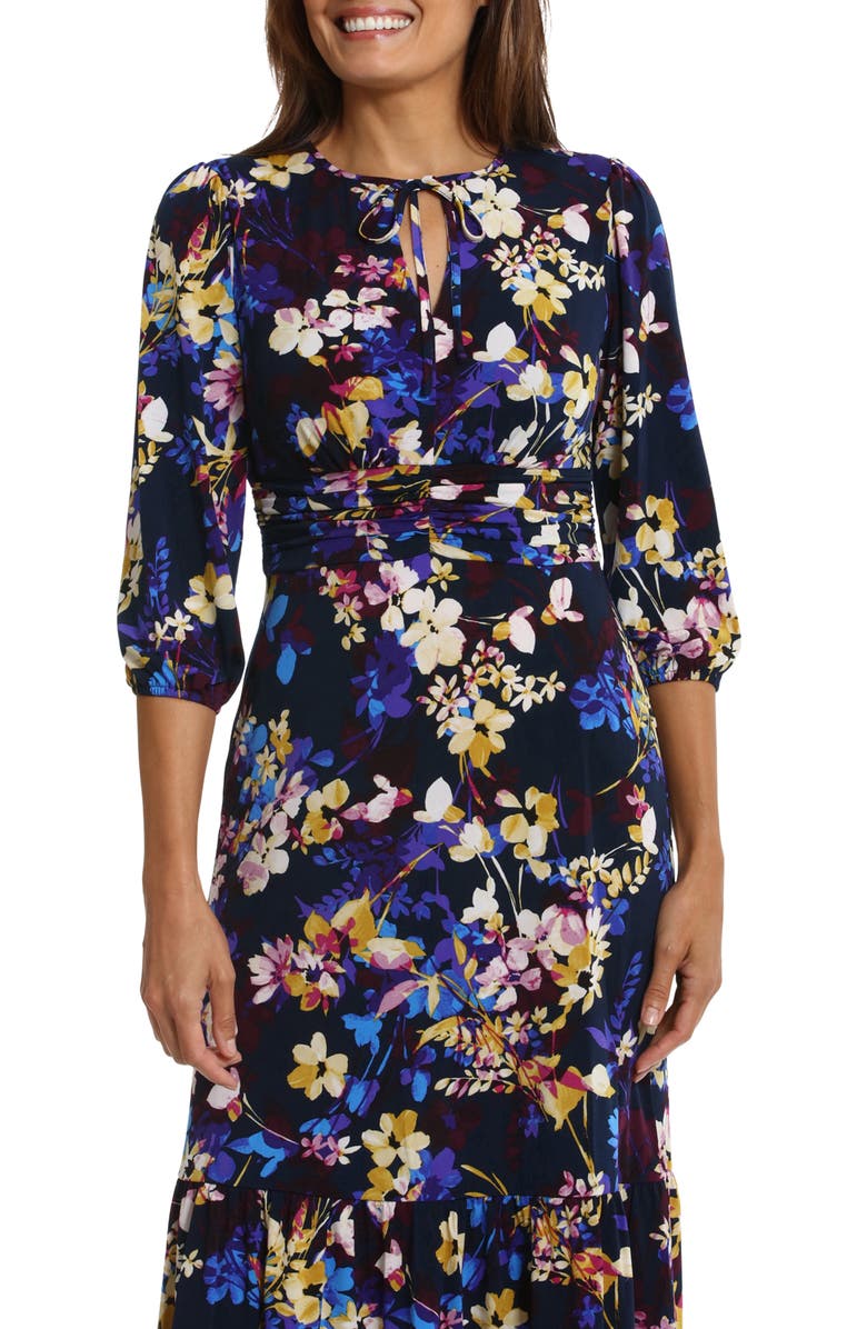 Maggy London Floral Print Tie Neck Ruffle Hem Midi Dress, Alternate, color, 