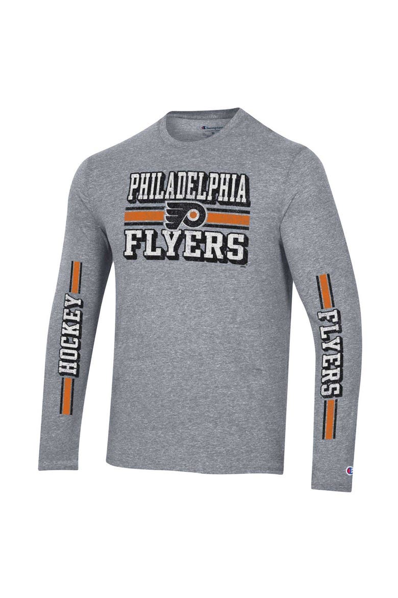 Men's Champion Heather Gray Philadelphia Flyers Tri-Blend Dual-Stripe Long Sleeve T-Shirt, Alternate, color, Heather Gray
