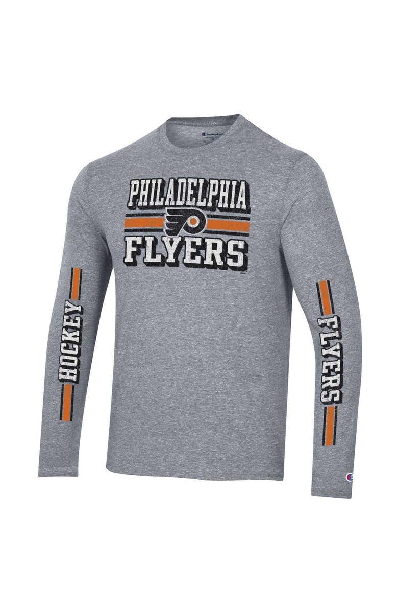 Champion Men's Champion Heather Gray Philadelphia Flyers Tri-Blend Dual-Stripe Long Sleeve T-Shirt, Alternate, color, 