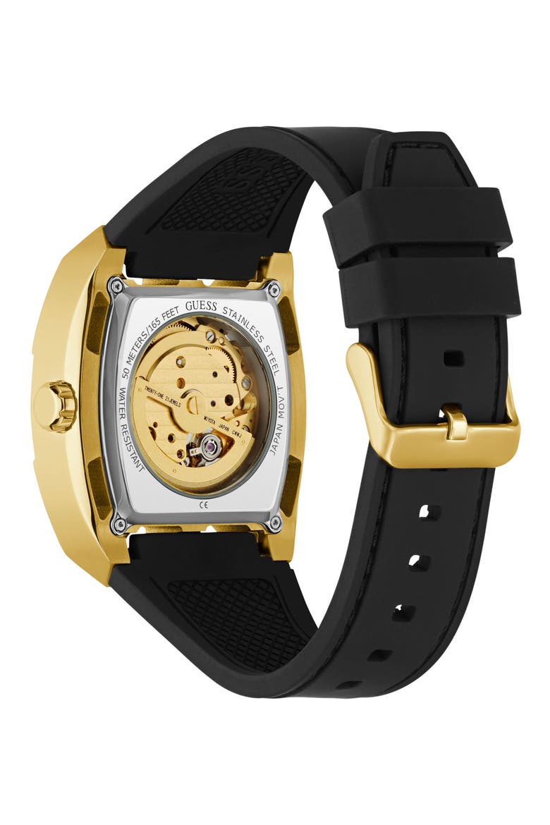 Phoenix Goldtone Skeleton Automatic Silicone Strap Watch, 43mm x 42mm, Alternate, color, BLACK