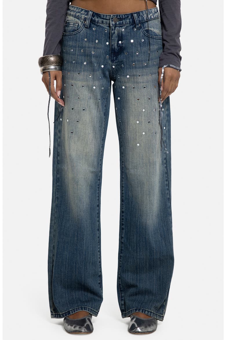 Hunter Mirror Embellished Low Rise Wide Leg Jeans, Main, color, BLUE