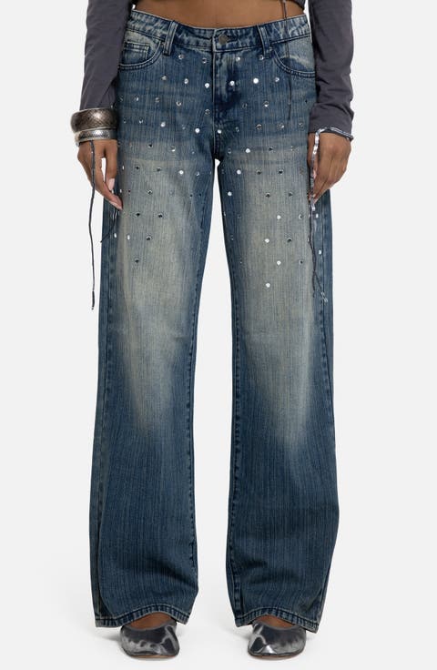 Hunter Mirror Embellished Low Rise Wide Leg Jeans