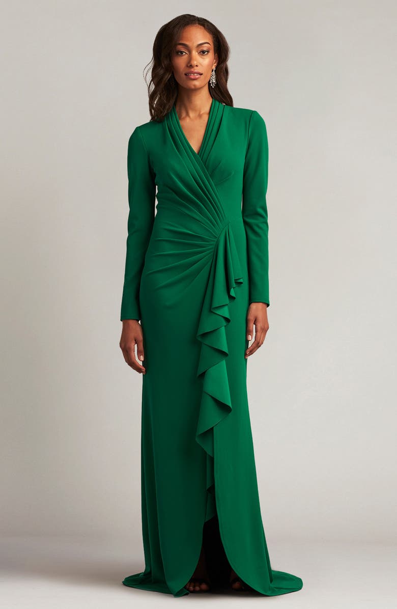 Tadashi Shoji Drape Ruffle Long Sleeve Stretch Crepe Gown, Alternate, color, 