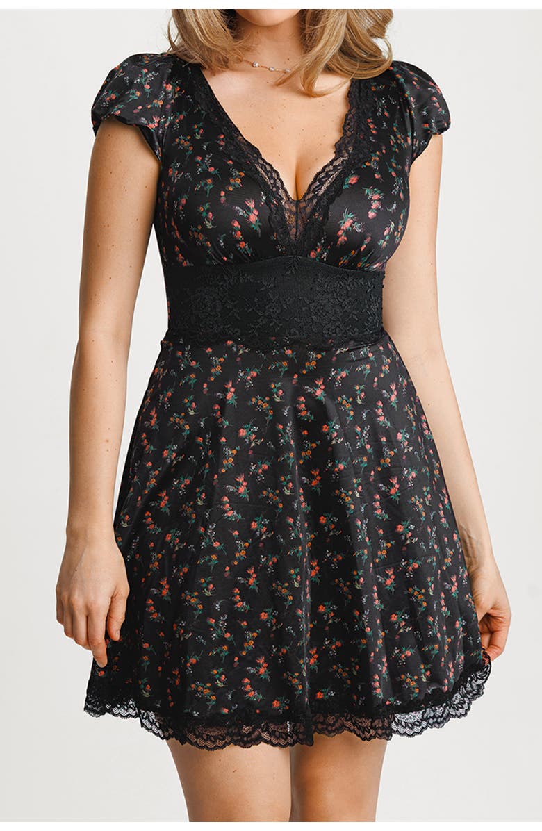 Popilush Plunge Resort Fit & Flare Shapewear Built in Mini Dress, Main, color, Floral
