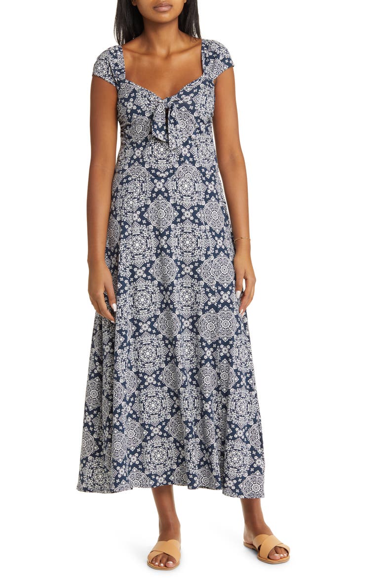 Tie Front Cap Sleeve A-Line Midi Dress, Main, color, NAVY/ IVORY