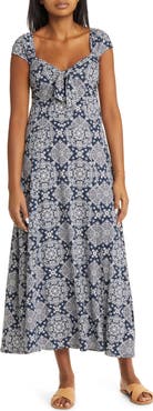 Loveappella Tie Front Cap Sleeve A-Line Midi Dress