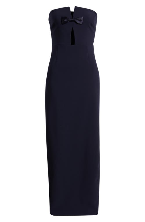Likely Fallon Satin Bow Cutout Strapless Sheath Gown In Blue