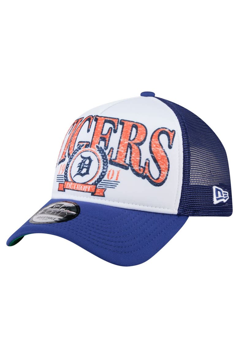 Men's New Era White/Navy Detroit Tigers Distressed 9FORTY A-Frame Adjustable Trucker Hat, Main, color, White