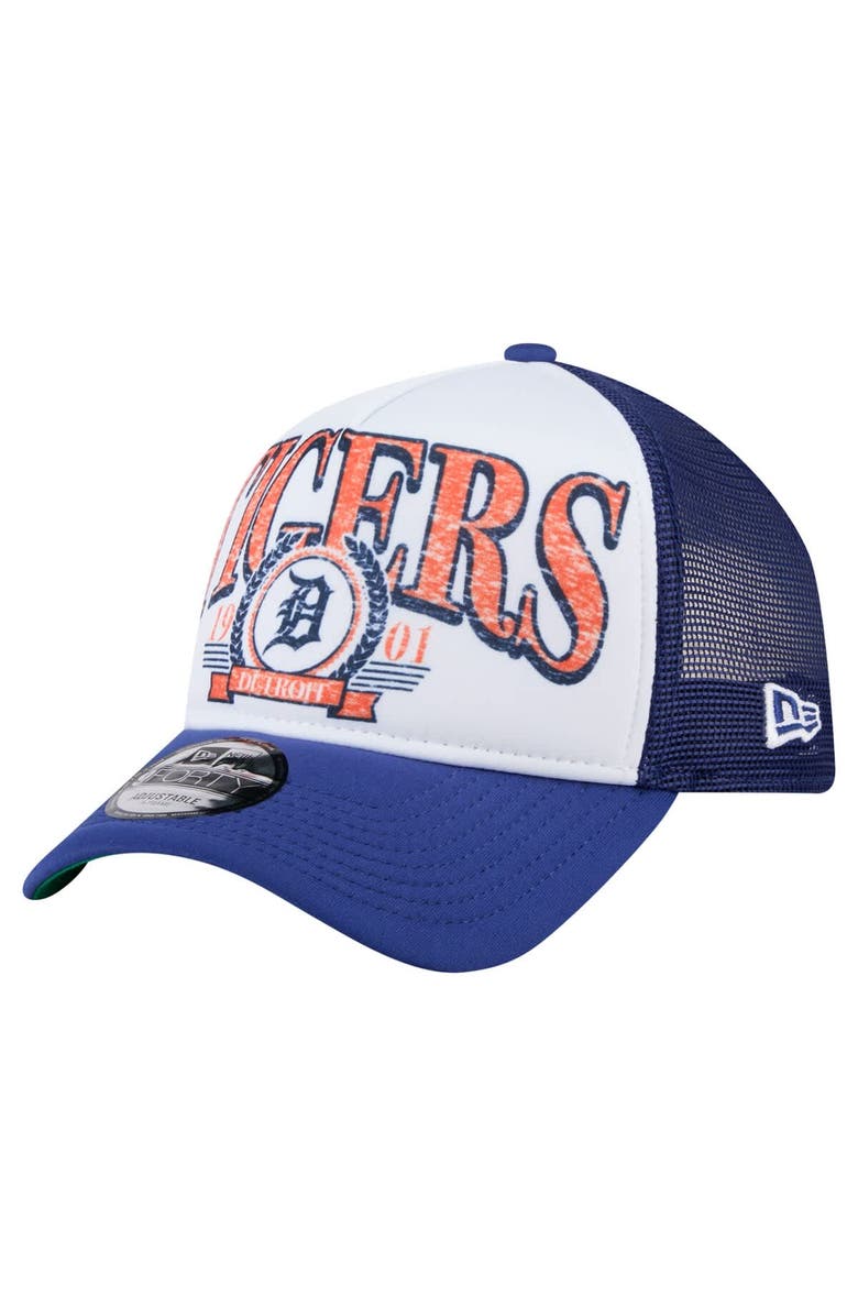 New Era Men's New Era White/Navy Detroit Tigers Distressed 9FORTY A-Frame Adjustable Trucker Hat, Main, color, White