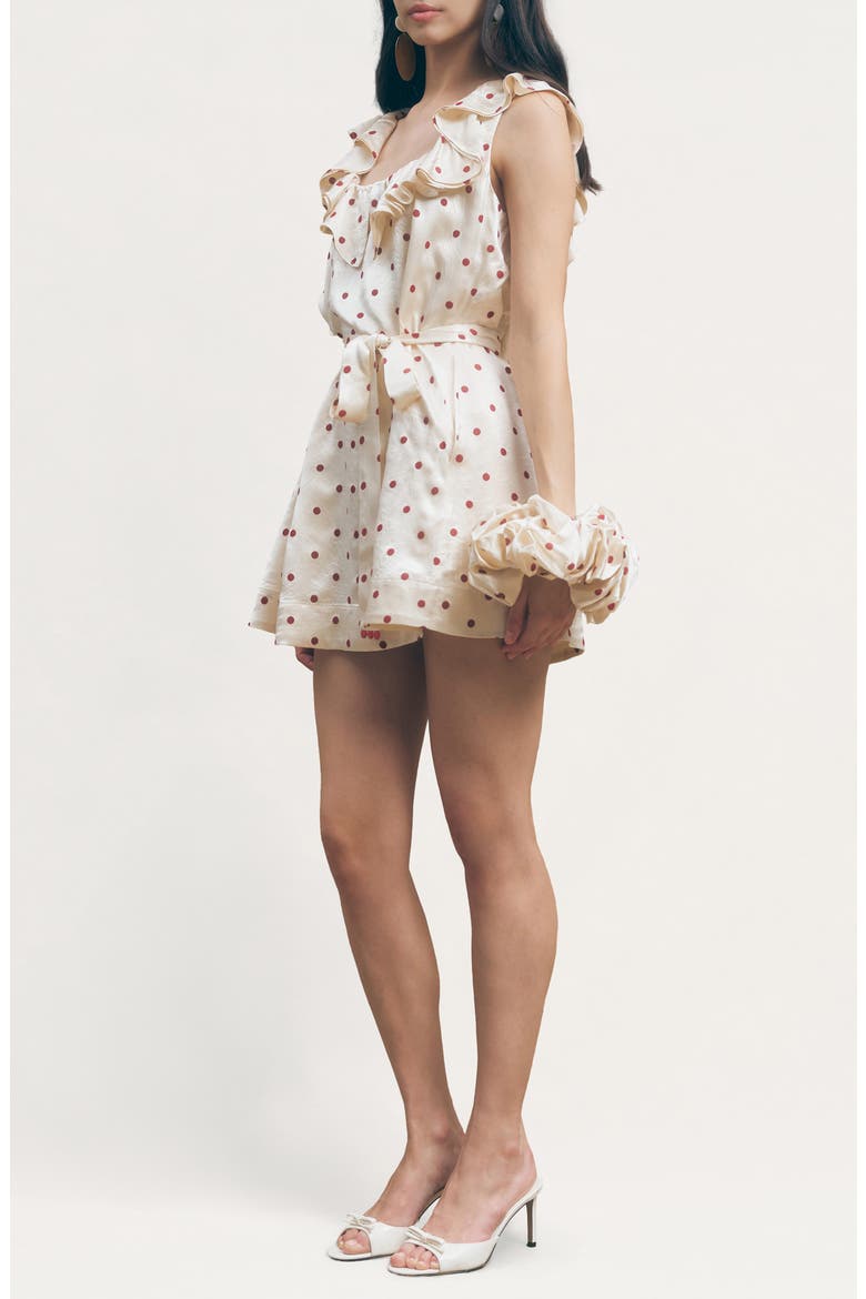 Sonia Polka Dot Ruffle Trim Babydoll Minidress with Hair Scrunchie, Alternate, color, IVORY RED DOTS