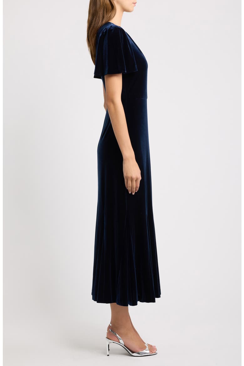 Flutter Sleeve Velvet Midi Dress, Alternate, color, NAVY