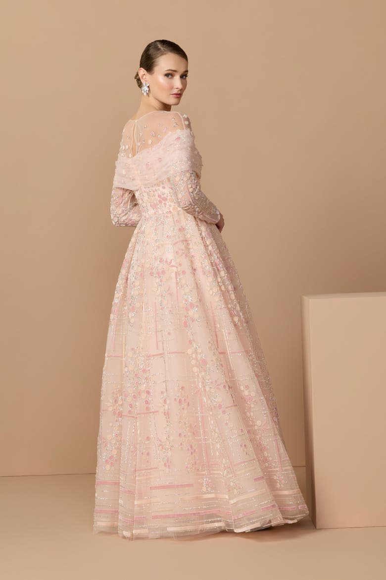 Illusion Neck Long Sleeve Embroidered Ballgown, Alternate, color, Rose