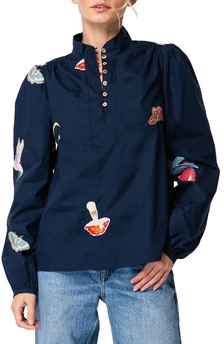 CIEBON Emmy Nature Embroidered Cotton Popover Top, Main, color, Navy