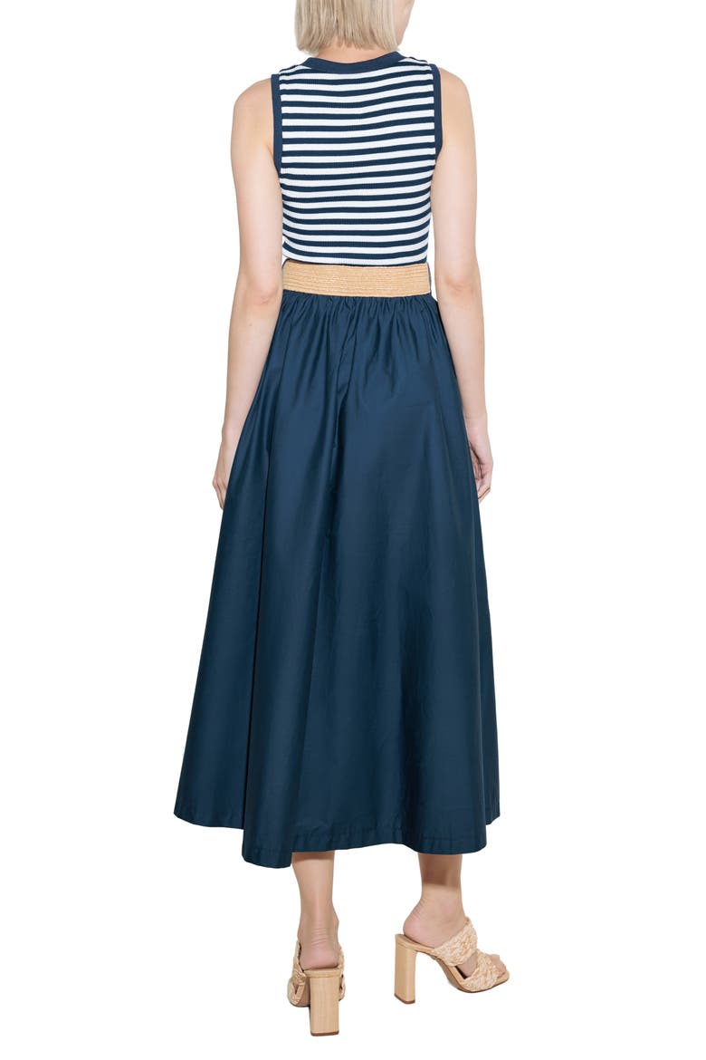 Belted Mixed Media Midi Dress, Alternate, color, NAVY MIX