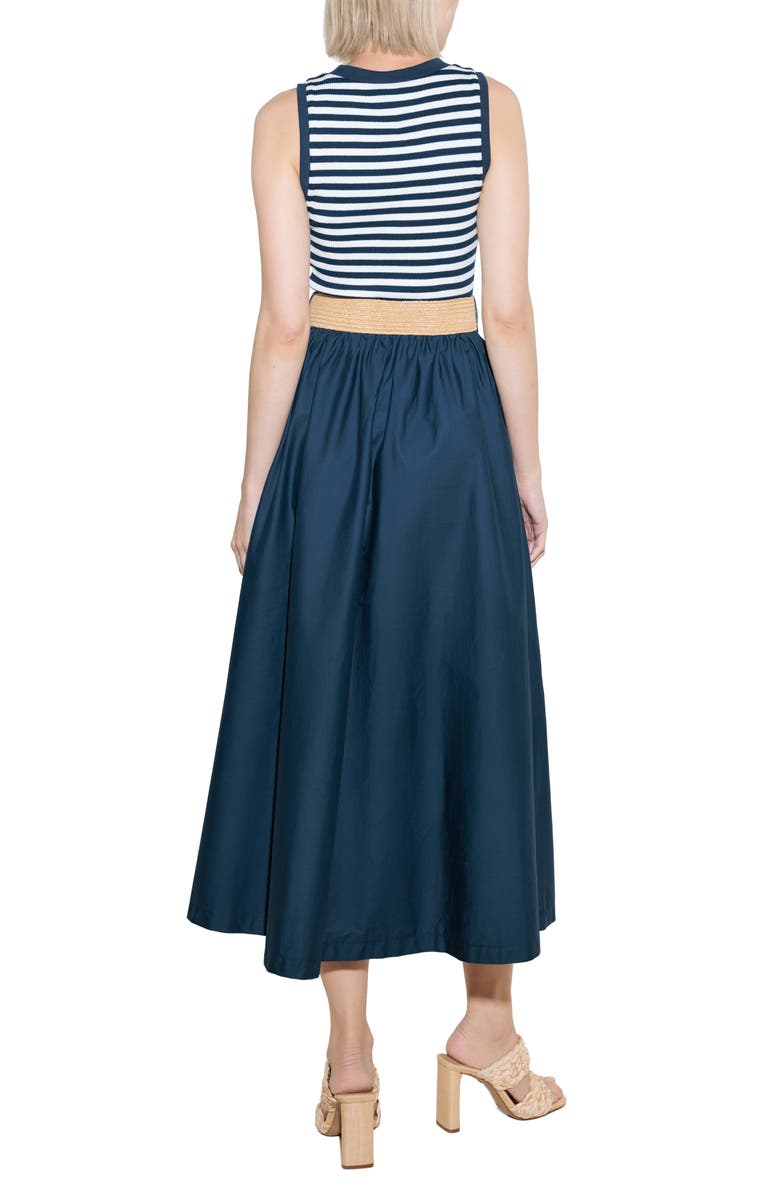FREEMARKET Belted Mixed Media Midi Dress, Alternate, color, Navy Mix