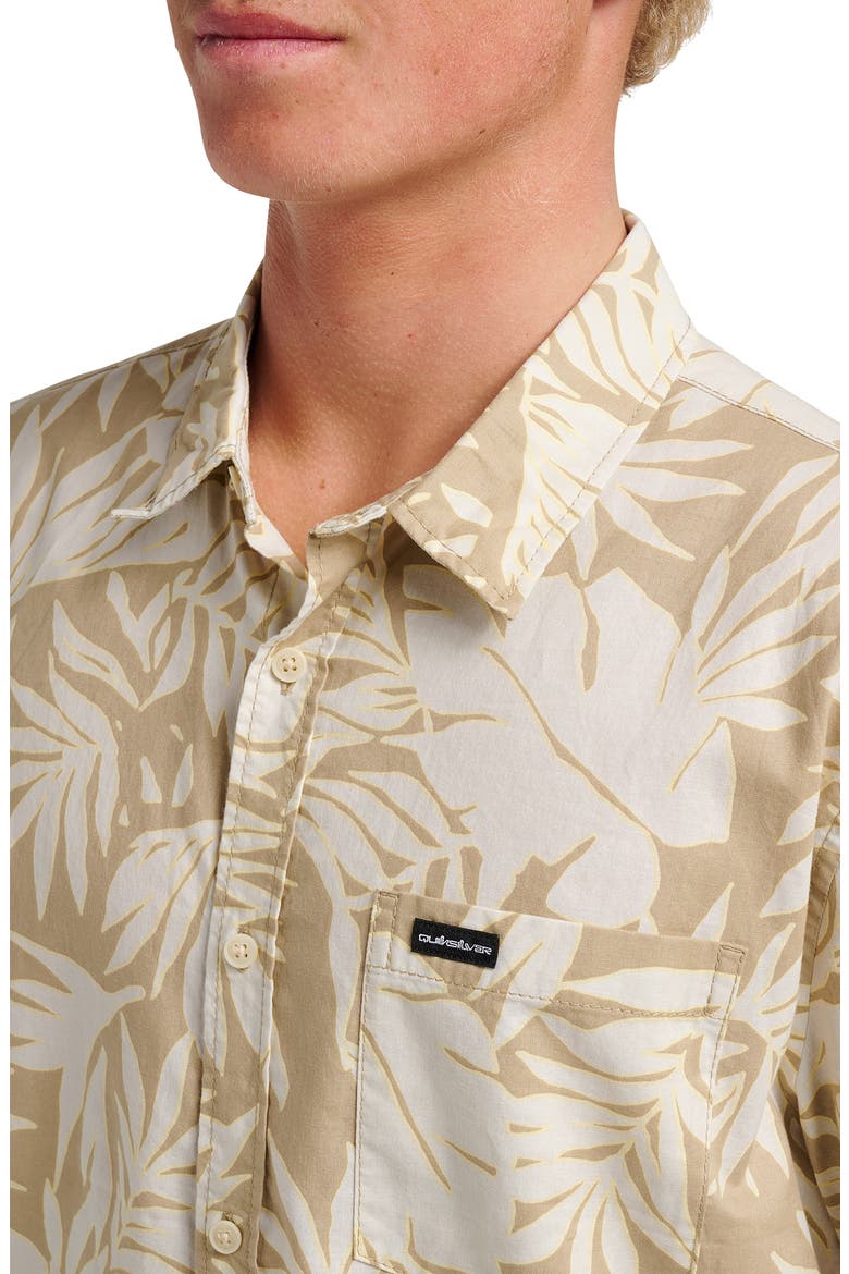 Palm Trip Classic Leaf Print Short Sleeve Cotton Button-Up Shirt, Alternate, color, TWILL