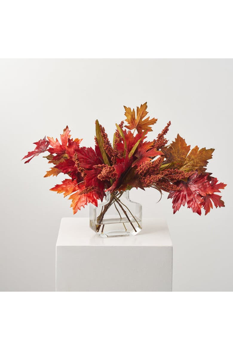 Mixed Fall Brown & Burgundy Red Maple Leaf & Rust Astilbe in Factice Vase Floral Water Illusion Arrangement, Main, color, Burgundy