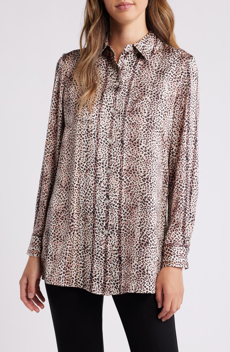 Anne Klein Leopard Print Stretch Button-Up Shirt, Main, color,