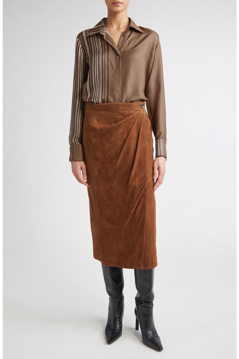 Jerez Goatskin Suede Wrap Midi Skirt, Alternate, color, TOBACCO