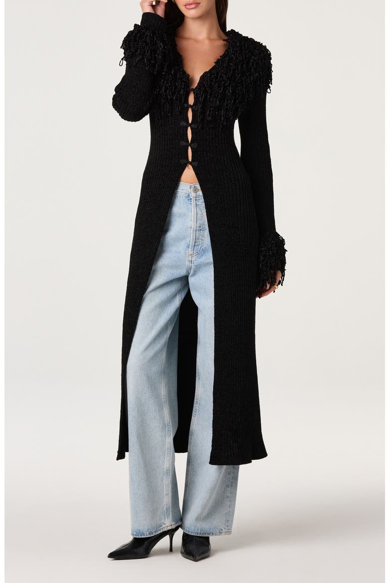 Jadwiga Fringe Tie Waist Cardigan, Main, color, BLACK