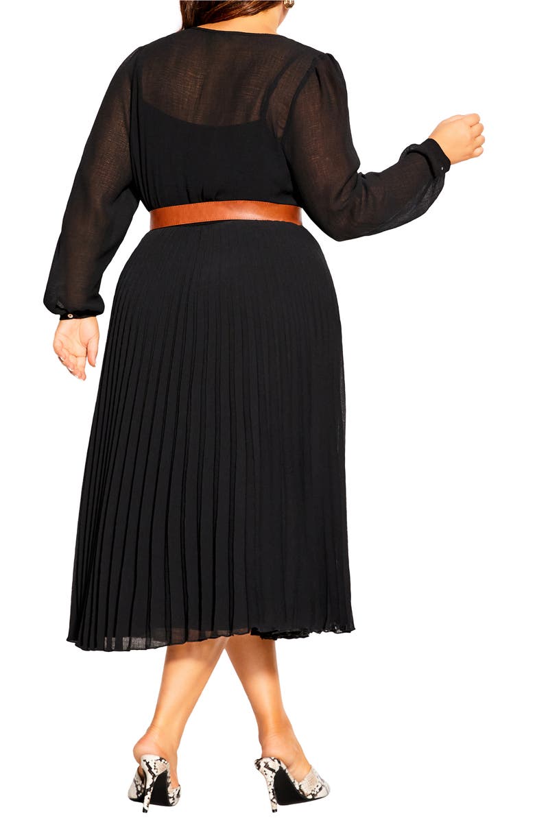 City Chic Pleated Belted Long Sleeve A-Line Midi Dress, Alternate, color,