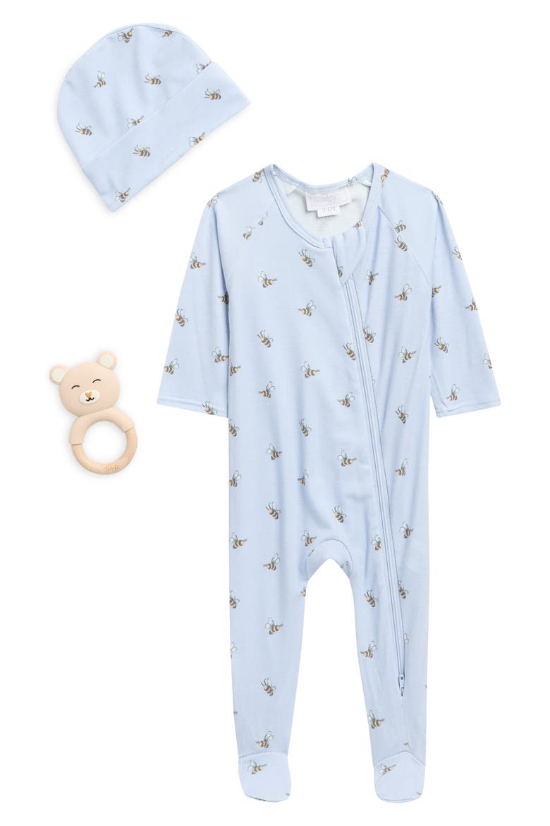 Ditsy Bee Footie, Hat & Teether Set, Main, color, ICY BLUE
