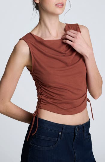 Kenneth Cole Side Rouched Drape Neck Cropped Knit Tank Top In Brown