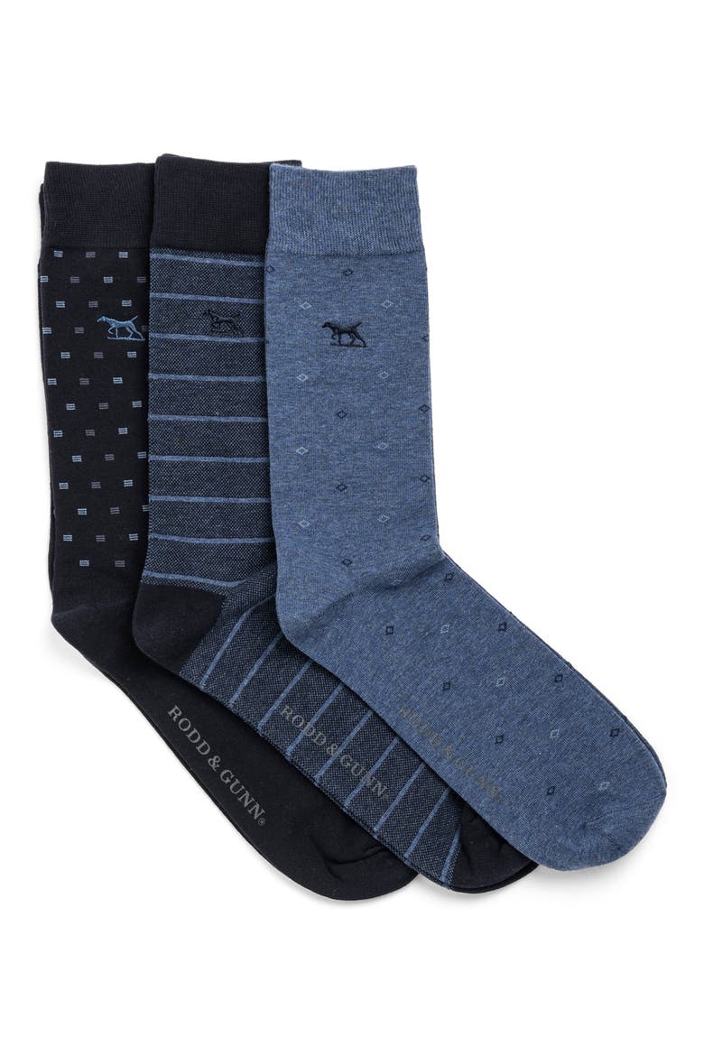 Assorted 3-Pack Stripe & Neat Cotton Blend Dress Socks, Main, color, BLUE MULTI