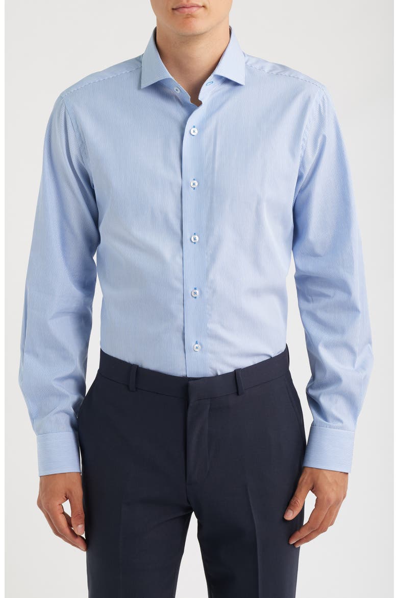 Trim Fit Pinstripe Cotton Dress Shirt, Main, color, WHITE/ BLUE