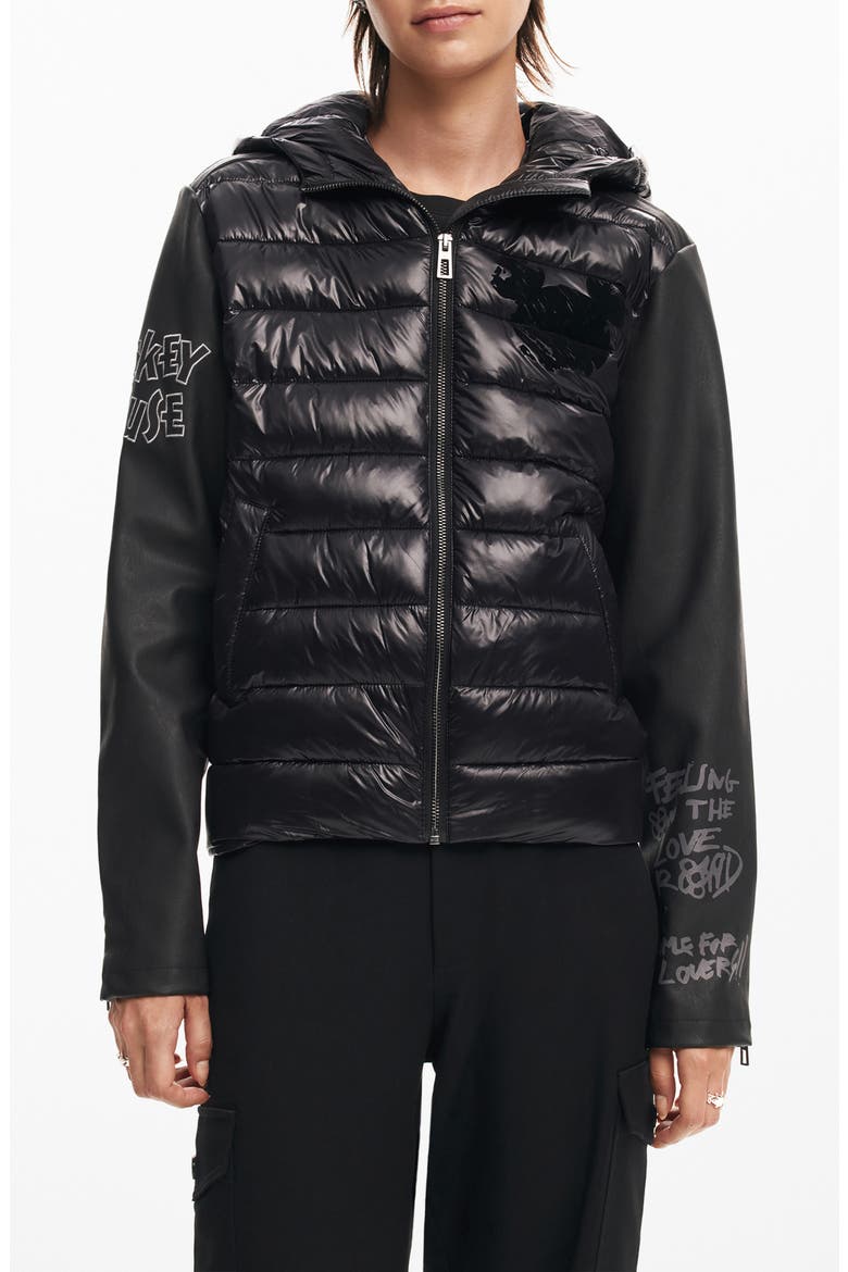 Mickey Mouse Mixed Media Puffer Coat, Main, color, BLACK