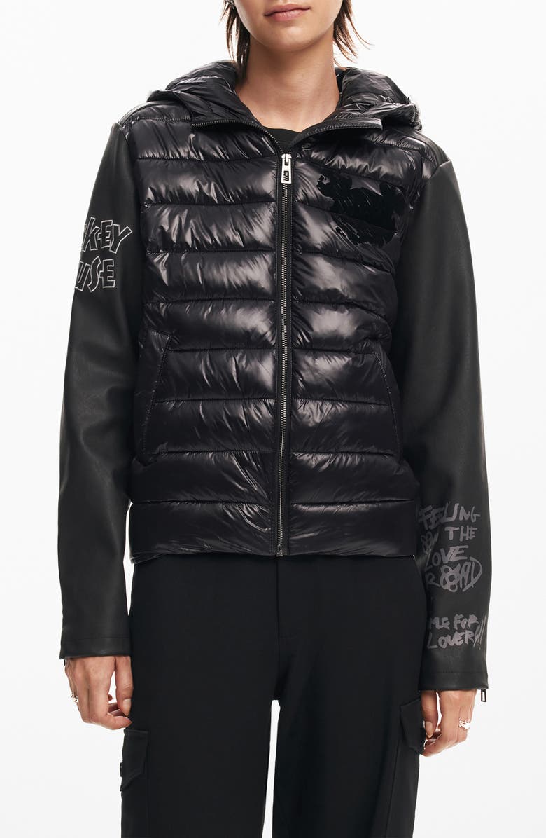 Desigual Mickey Mouse Mixed Media Puffer Coat, Main, color,