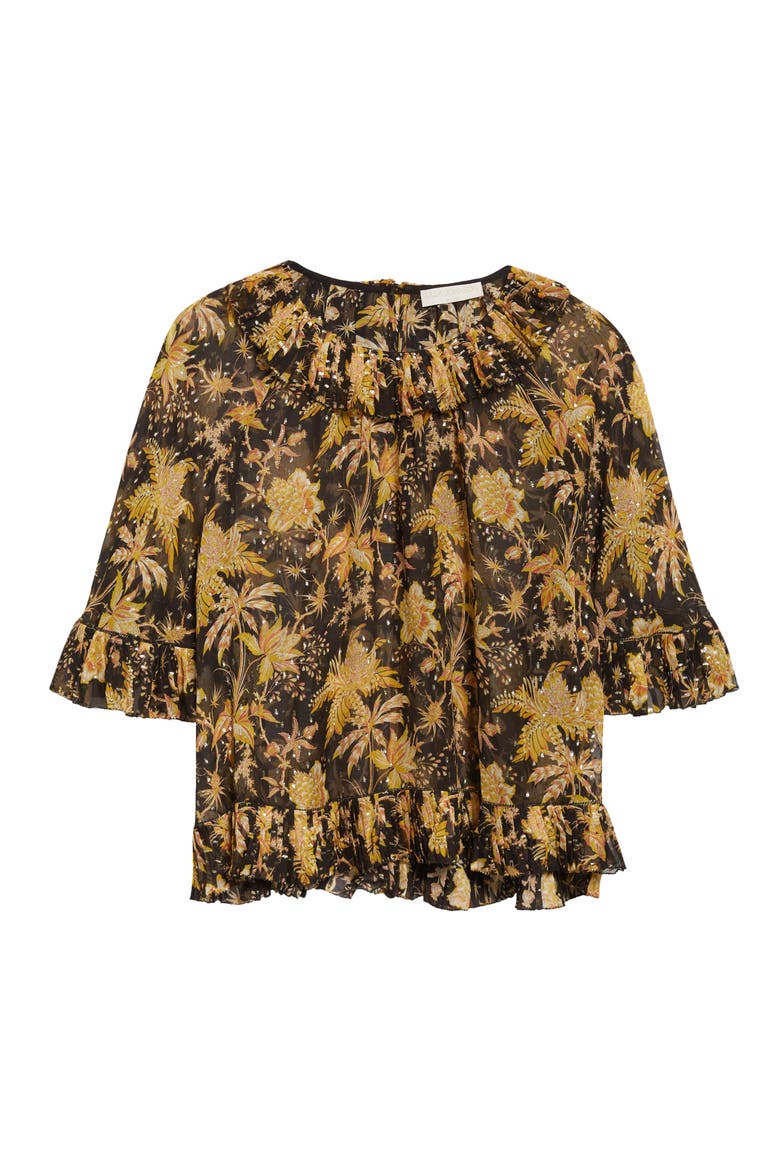 Helaine Botanical Print Metallic Flutter Sleeve Silk Blend Top, Alternate, color, FORSYTHIA