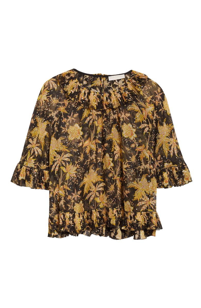 Ulla Johnson Helaine Botanical Print Metallic Flutter Sleeve Silk Blend Top, Alternate, color, Forsythia