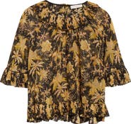 Ulla Johnson Helaine Botanical Print Metallic Flutter Sleeve Silk Blend Top
