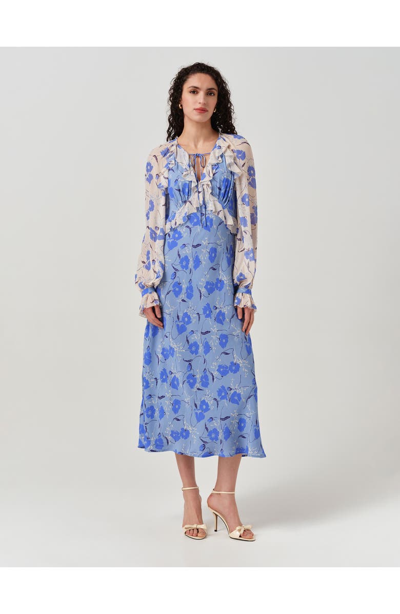 Ghost London Naomi Floral Longsleeve Frill Midi Dress, Main, color, Blue Poppies