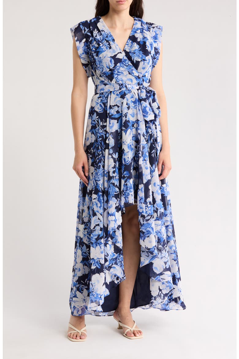 Obi Floral Cap Sleeve High-Low Dress, Main, color, NAVY IVORY