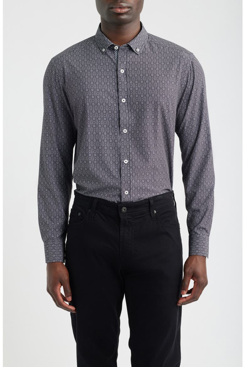 XC+™ Football Print Performance Button-Down Shirt, Main, color, BLACK