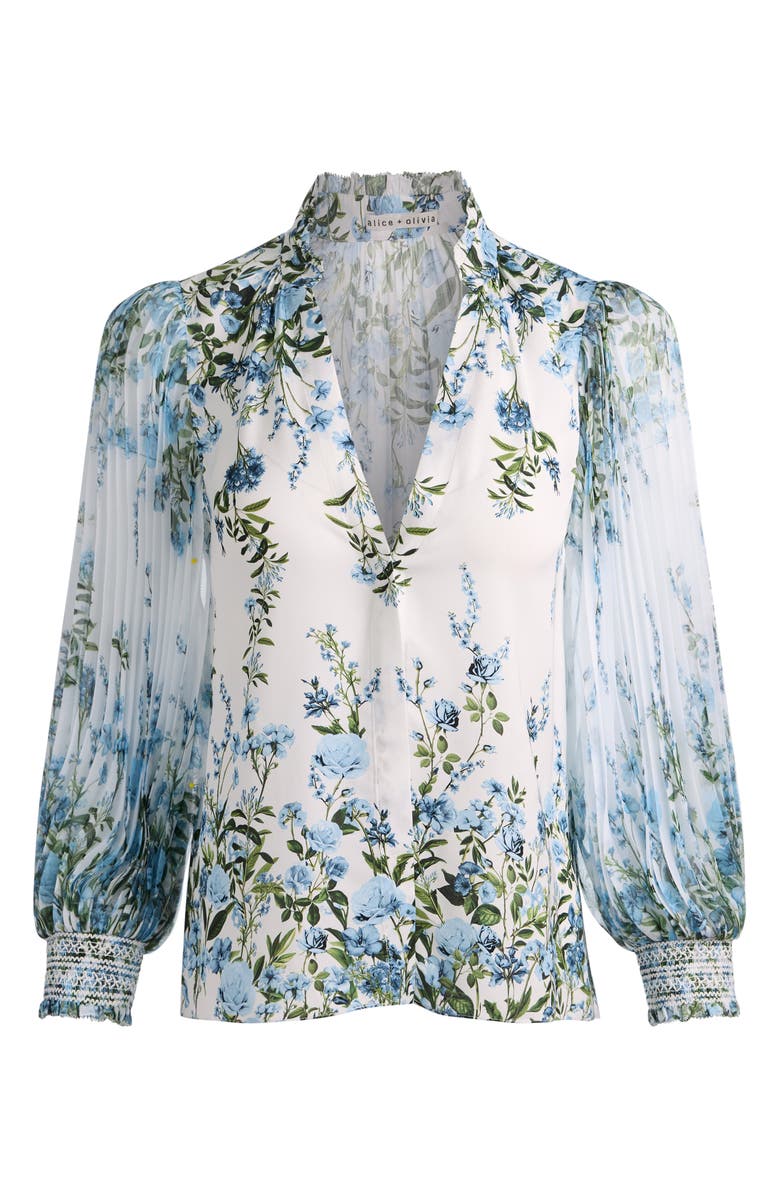 Alice + Olivia Ilan Floral Pleated Sleeve Button-Up Shirt, Alternate, color, Fresh Air Carolina Blue