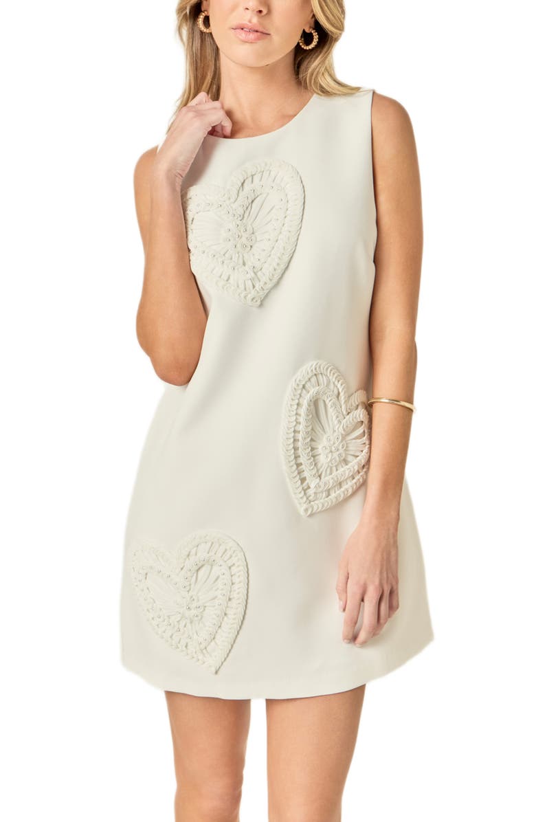 English Factory Faux Pearl Heart Appliqué Sleeveless Minidress, Alternate, color, White
