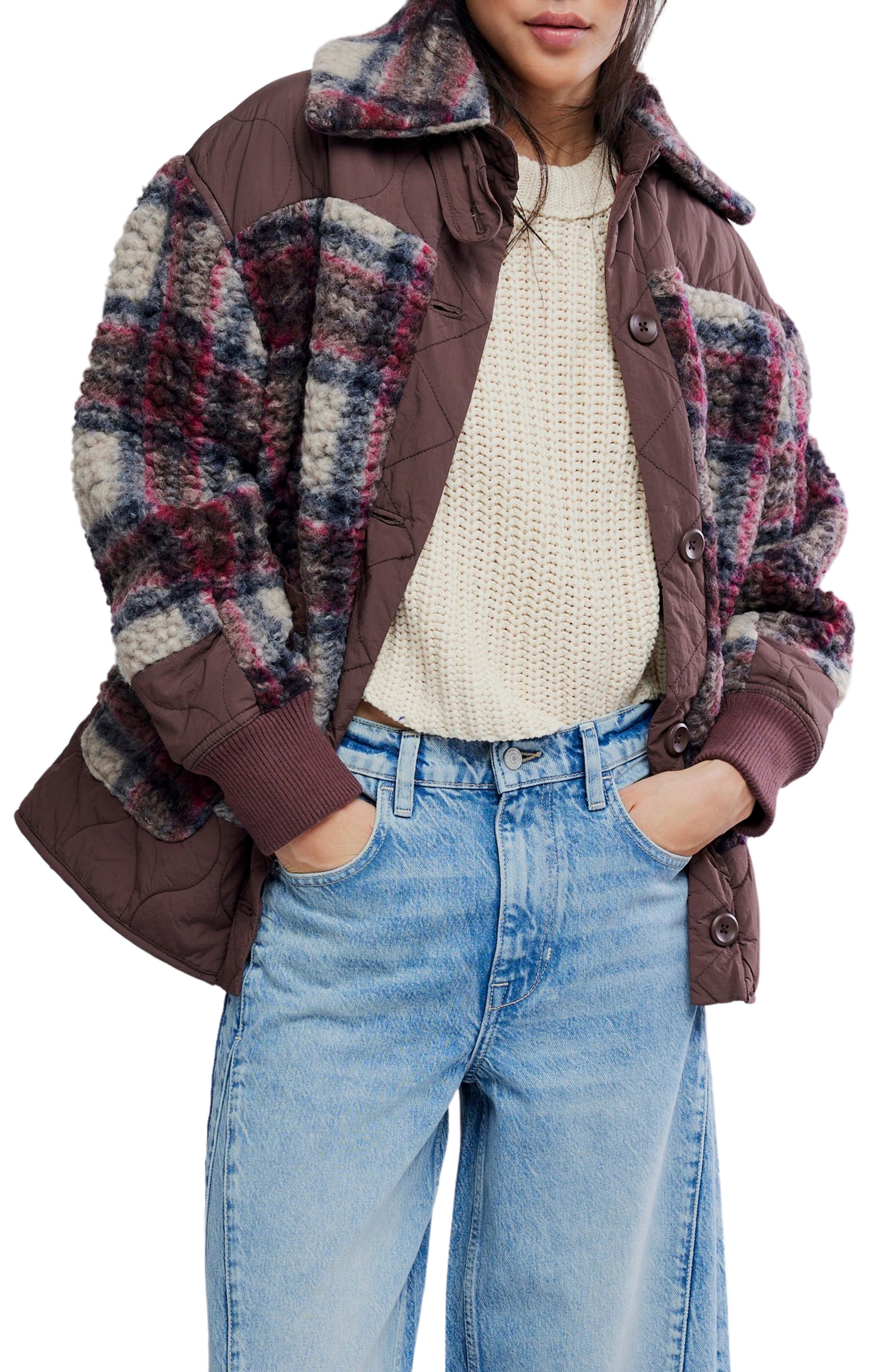 Free People Sana Quilted Plaid Fleece Bomber Jacket