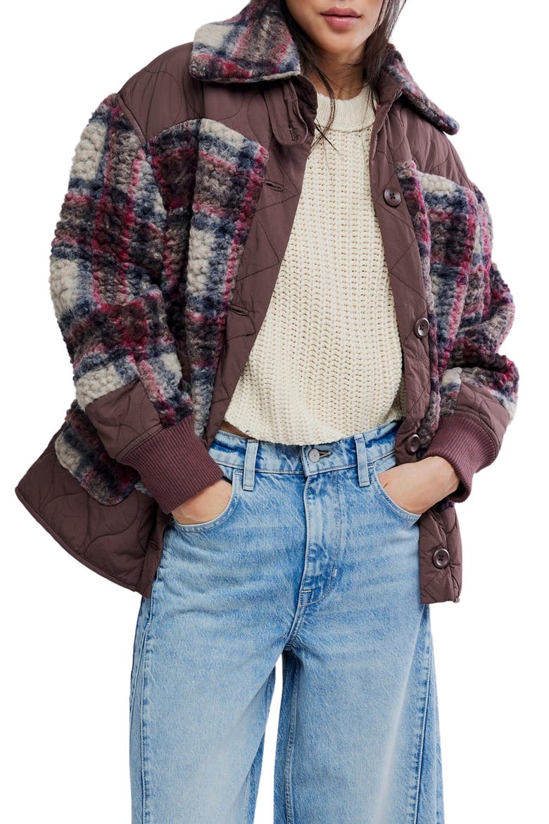 Sana Quilted Plaid Fleece Bomber Jacket, Main, color, POMEGRANATE COMBO