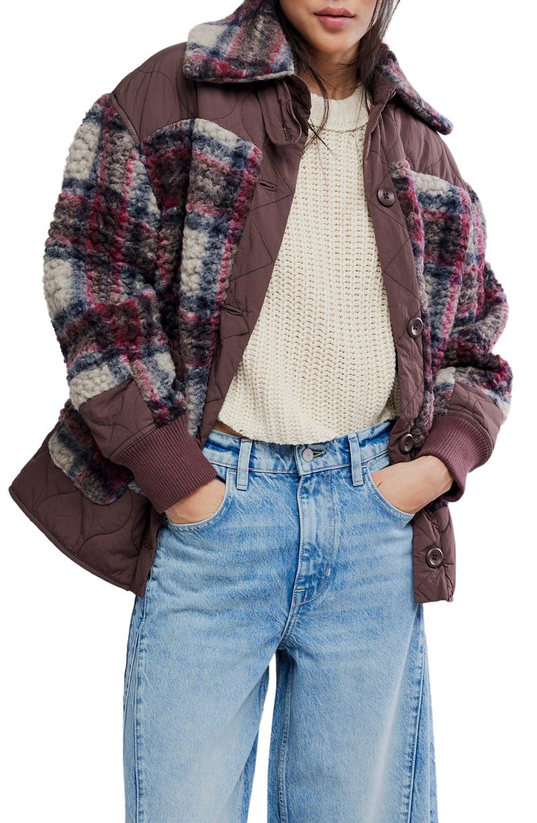 Free People Sana Quilted Plaid Fleece Bomber Jacket, Main, color, Pomegranate Combo